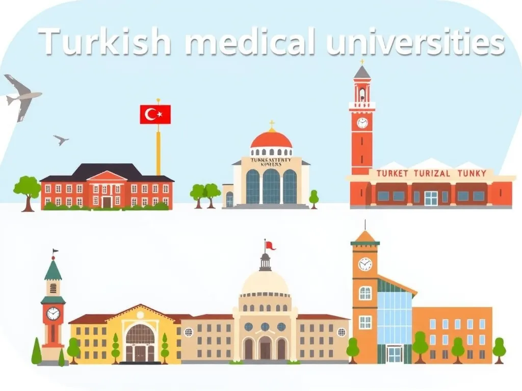 Graphic illustration of popular Turkish medical universities, with icons or symbols representing each university, high-quality, educational