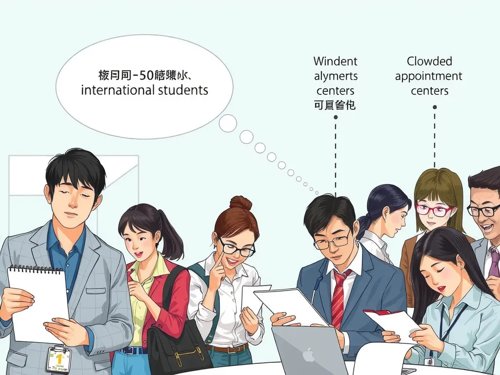 Depiction of typical challenges faced by international students, such as language barriers, crowded appointment centers, and document preparations, realistic, detailed, expressive