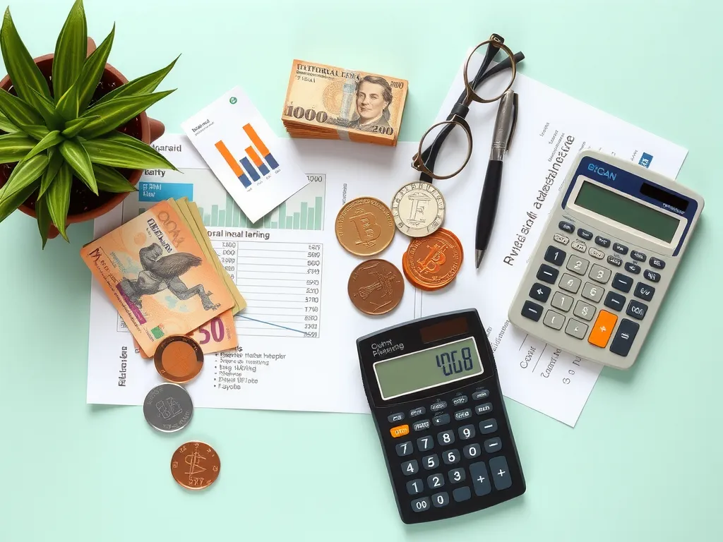 A financial planning scene showing different currencies, calculators, and financial documents, realistic, detailed, clean background