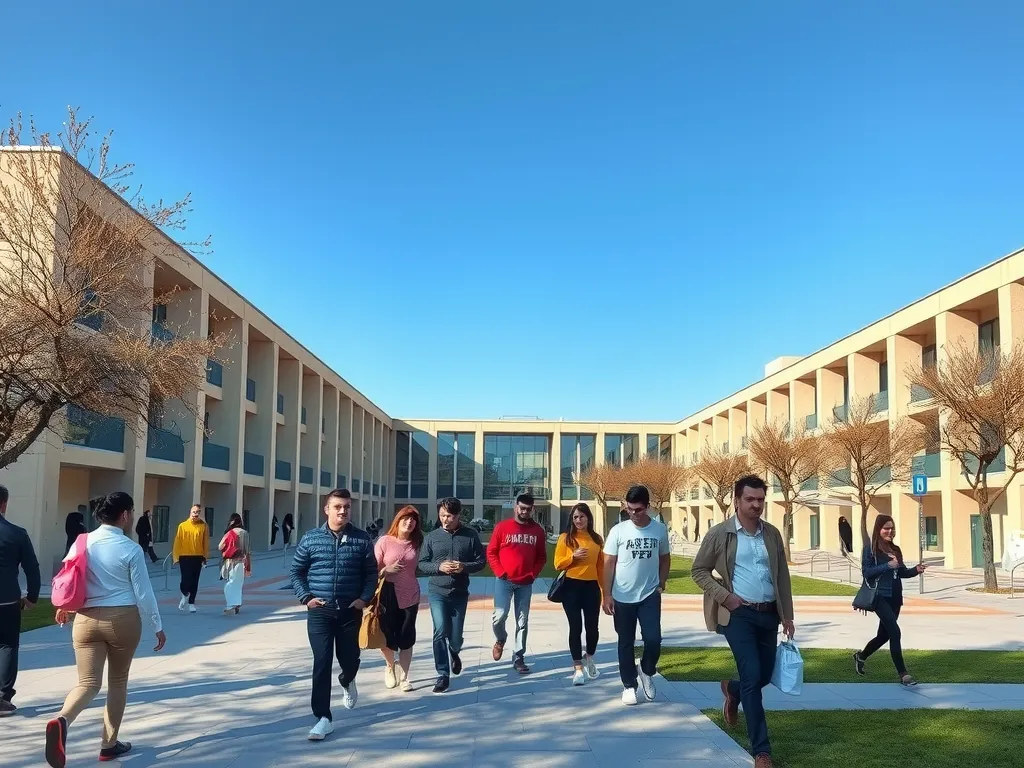 A scenic view of a modern Turkish university campus, with diverse students walking and interacting, high-quality photography, vibrant colors, clear blue sky, photorealistic
