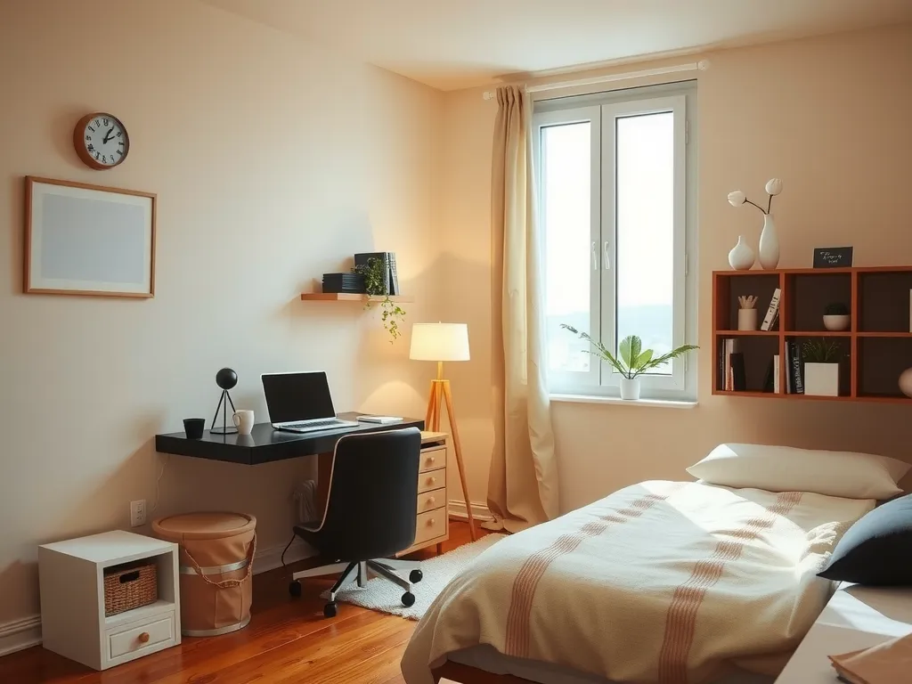 Cozy student dorm room in Turkey, minimalist design, warm lighting, study desk near window
