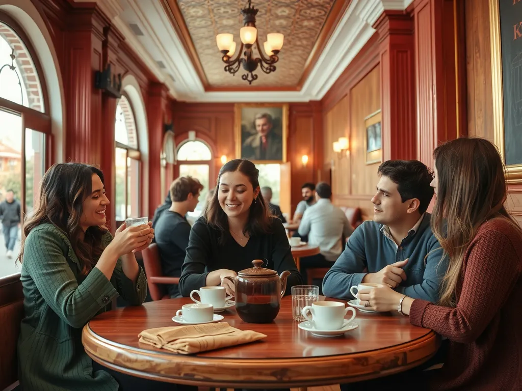 Students socializing in a Turkish café, sharing tea and coffee, warm and welcoming atmosphere