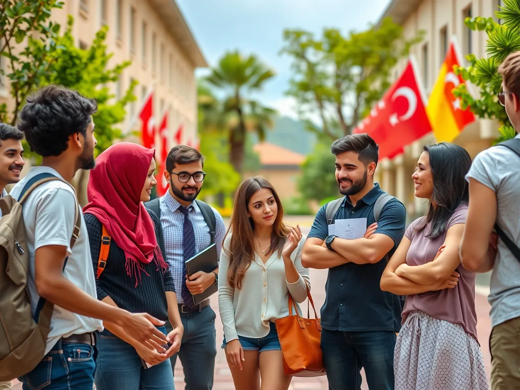 Vibrant Turkish university campus with international students having a discussion, photorealistic, high quality, natural lighting, diverse group of students