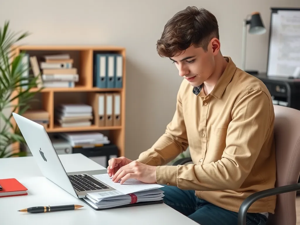 Young adult updating legal documents on a laptop, organized workspace, digital style