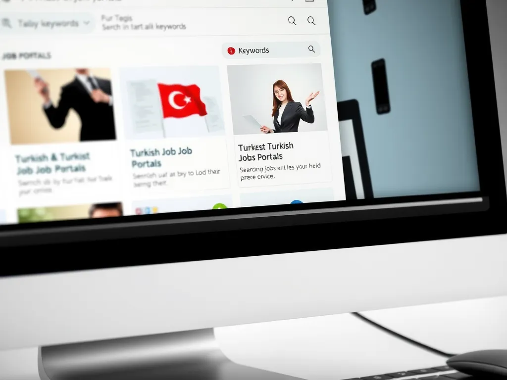 Computer screen displaying Turkish job portals and search keywords, clean and modern interface, close-up, photorealistic, minimalistic design