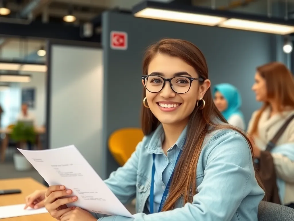 Happy young intern in a Turkish company, gaining practical experience, modern office interior, photorealistic, success and achievement theme