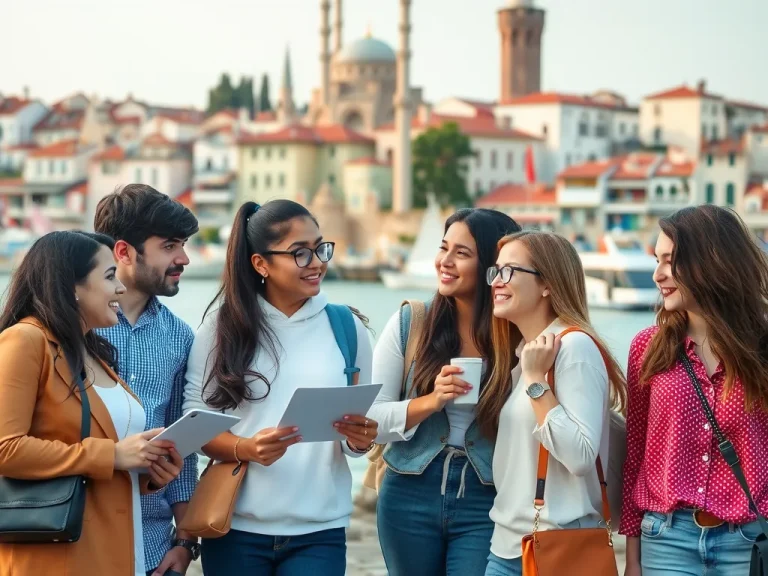 International students in a vibrant Turkish city, exploring career opportunities, professional and realistic depiction, showcasing a mix of traditional and modern architecture in the background, high quality, natural lighting, multicultural group.