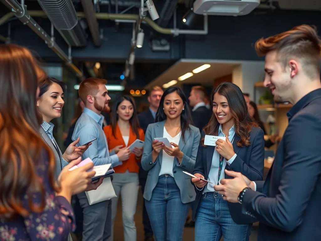 Networking event in a modern office setting, people exchanging ideas and business cards, diverse group of young professionals, photorealistic, vibrant ambiance
