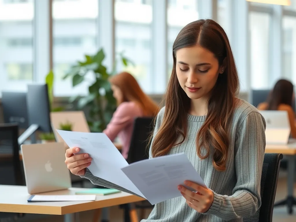 A student in a modern office setting, reviewing documents related to internship requirements, calm and focused expression, photorealistic, professional background