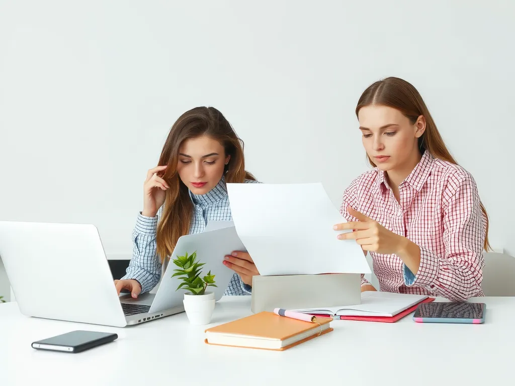 Students preparing professional documents on their laptops, focused and diligent expressions, high quality, minimalist workspace