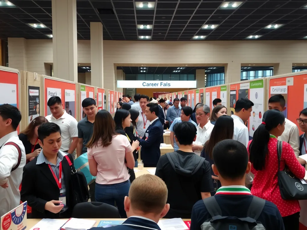 University career fair scene, students interacting with company representatives, booths setup, friendly and engaging atmosphere, professional lighting