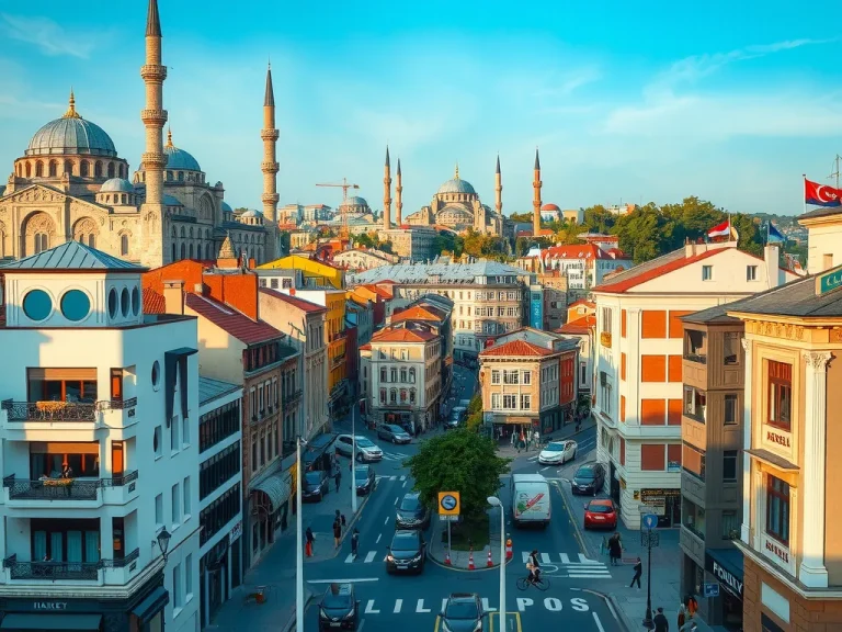 A modern cityscape of Istanbul, Turkey, showcasing a blend of historic and contemporary architecture, vibrant urban life, and bustling streets, photorealistic, high quality, natural colors