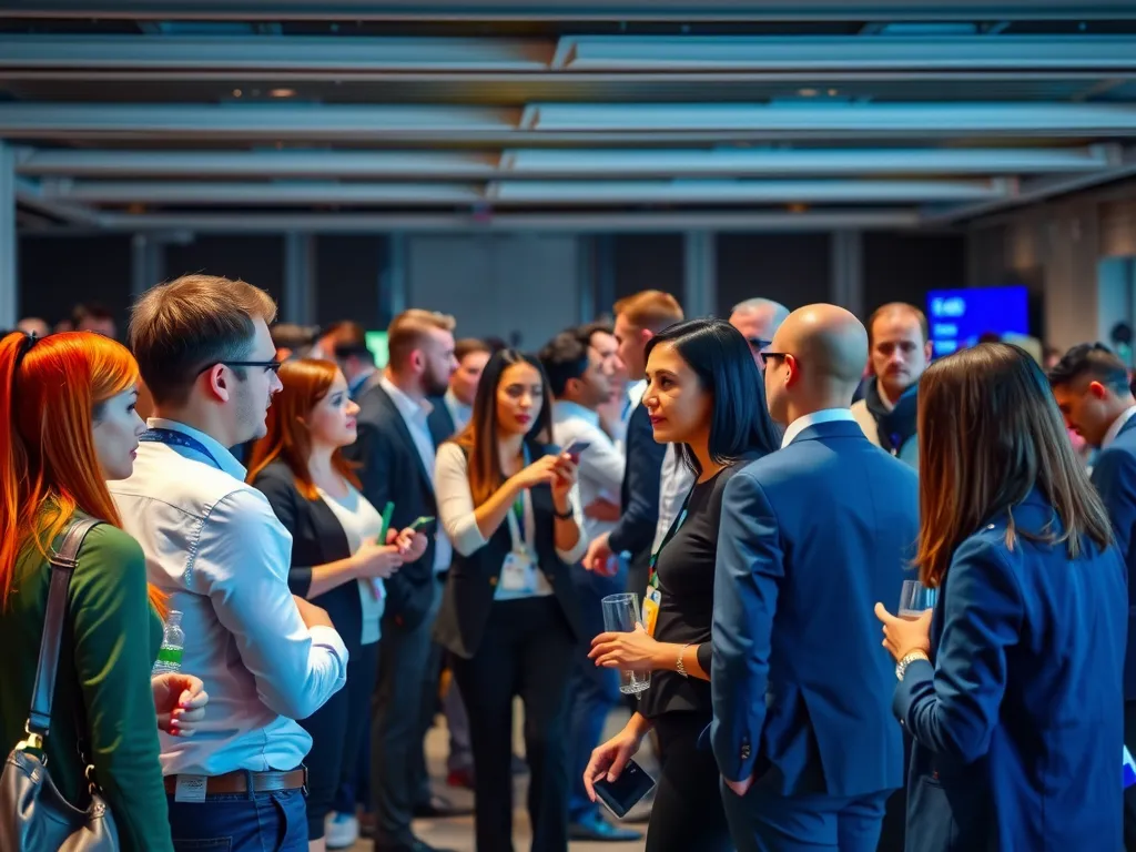 A diverse networking event with international professionals exchanging ideas, formal attire, modern conference hall, professional interaction