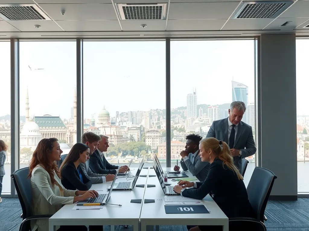 Multinational corporate office environment, Istanbul skyline visible through the windows, diverse professionals working together, professional and modern setting