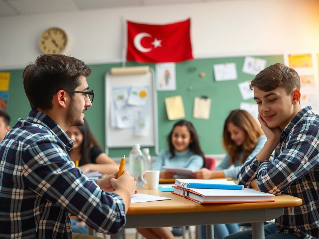 Student learning Turkish language in a classroom setting, diverse students, language learning resources, interactive teaching methods