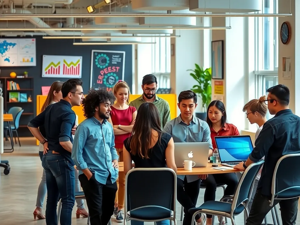 A diverse workspace in a tech startup, young professionals brainstorming in a creative environment, photorealistic A diverse workspace in a tech startup, young professionals brainstorming in a creative environment, photorealistic