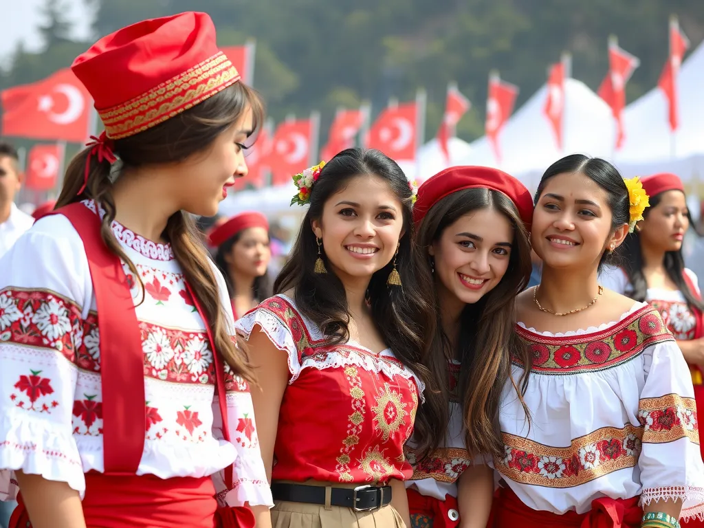 International students participating in a cultural festival in Turkey, traditional costumes, lively atmosphere, detailed International students participating in a cultural festival in Turkey, traditional costumes, lively atmosphere, detailed