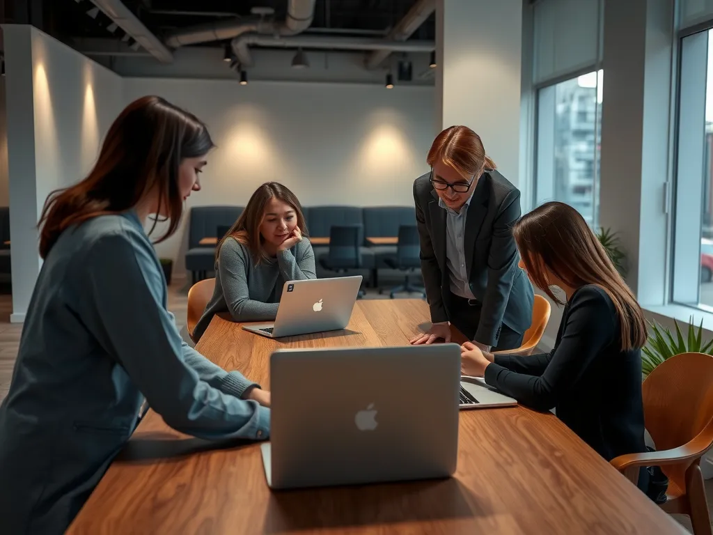 An internship in a modern office setting in Turkey, students working on laptops and interacting with mentors, high quality, professional lighting An internship in a modern office setting in Turkey, students working on laptops and interacting with mentors, high quality, professional lighting