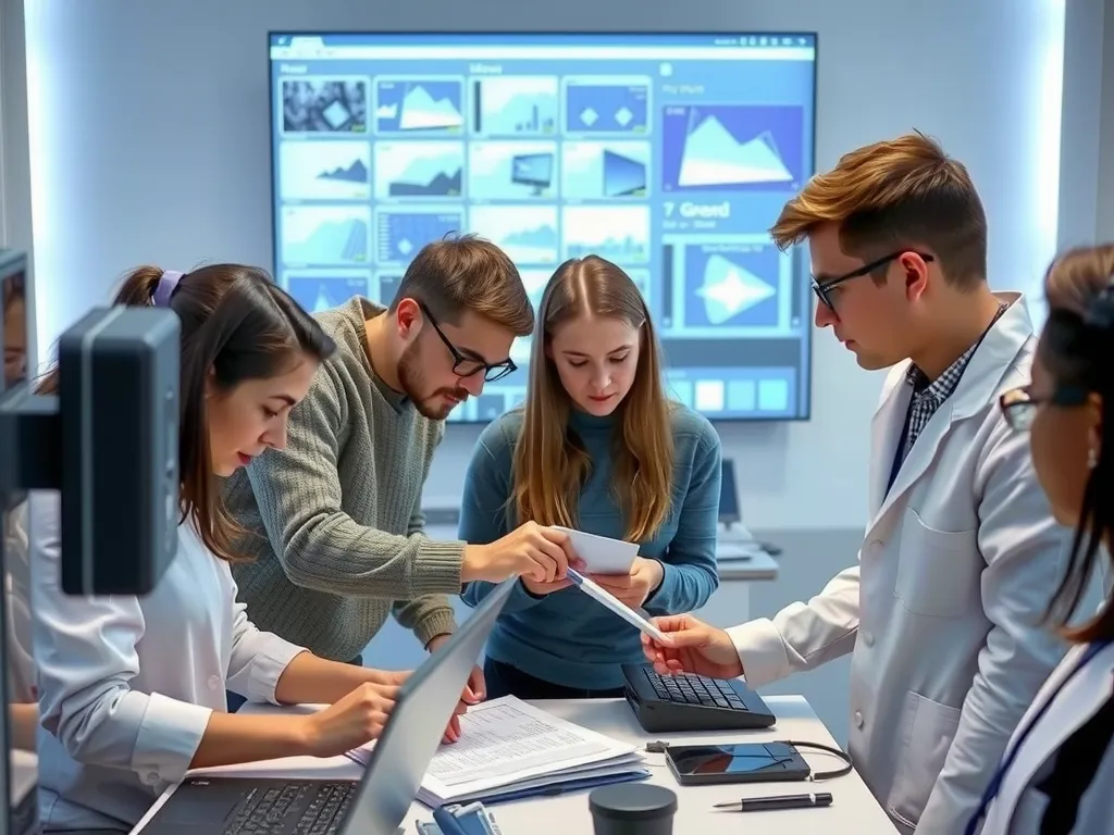 Students collaborating in a high-tech research lab in Turkey, working on advanced technology projects, realistic, detailed Students collaborating in a high-tech research lab in Turkey, working on advanced technology projects, realistic, detailed
