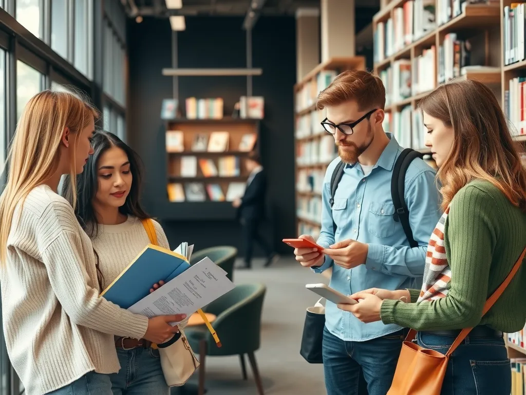 Students discussing study plans in a university library, surrounded by books and modern digital devices, high quality, natural lighting Students discussing study plans in a university library, surrounded by books and modern digital devices, high quality, natural lighting