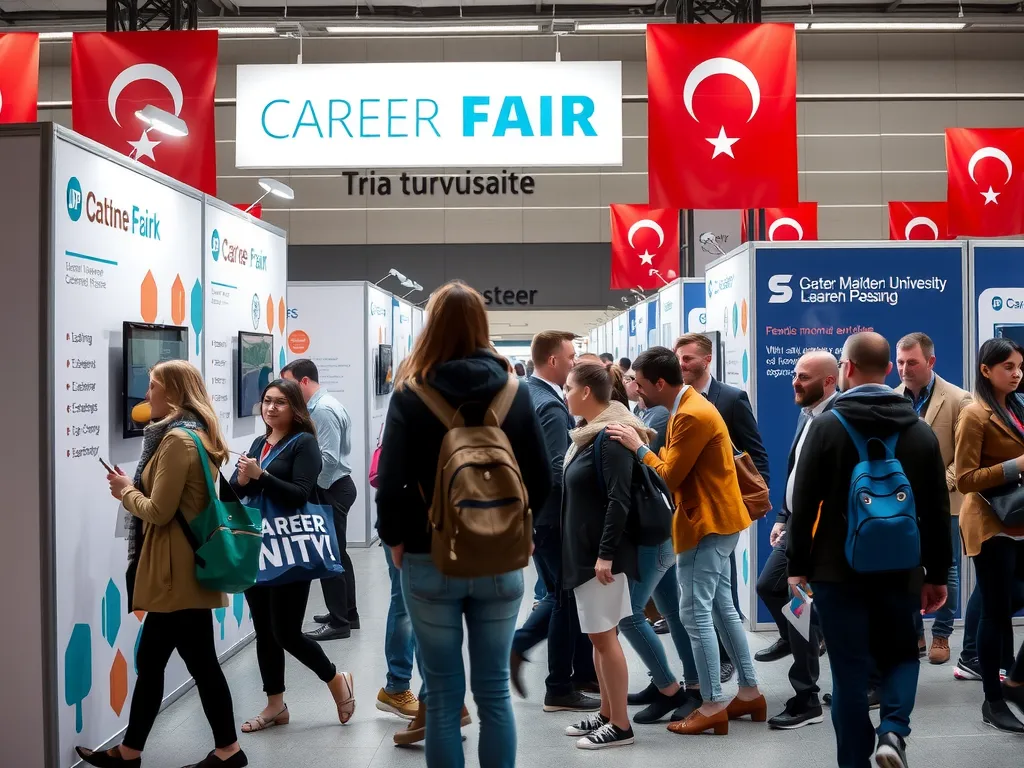 University career fair in Turkey, students discussing with employers at booth displays, vibrant colors, photorealistic University career fair in Turkey, students discussing with employers at booth displays, vibrant colors, photorealistic