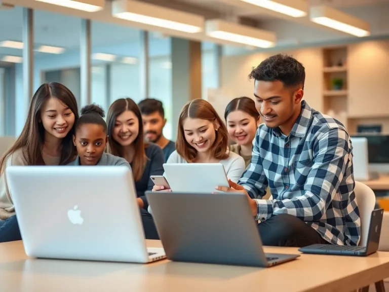 Modern online learning environment with students using laptops and digital devices, photorealistic, high quality, professional lighting, diverse group of students