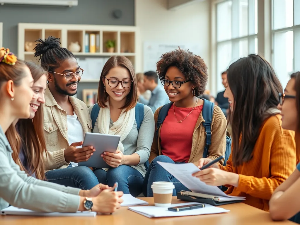 Diverse group of international students discussing academic topics in a university setting, photorealistic, high quality, with a sense of collaboration and learning.