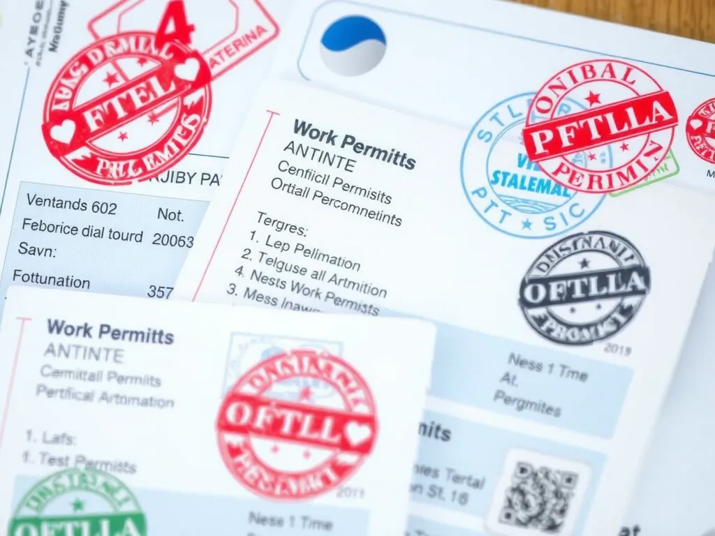 High quality, detailed image of digital work permits with official stamps, showing elements of technology and legality