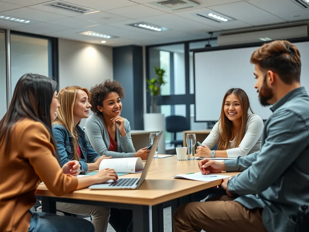 High quality image of international students engaged in a group discussion about work opportunities in a modern university classroom, professional lighting, diverse student group, collaborative setting
