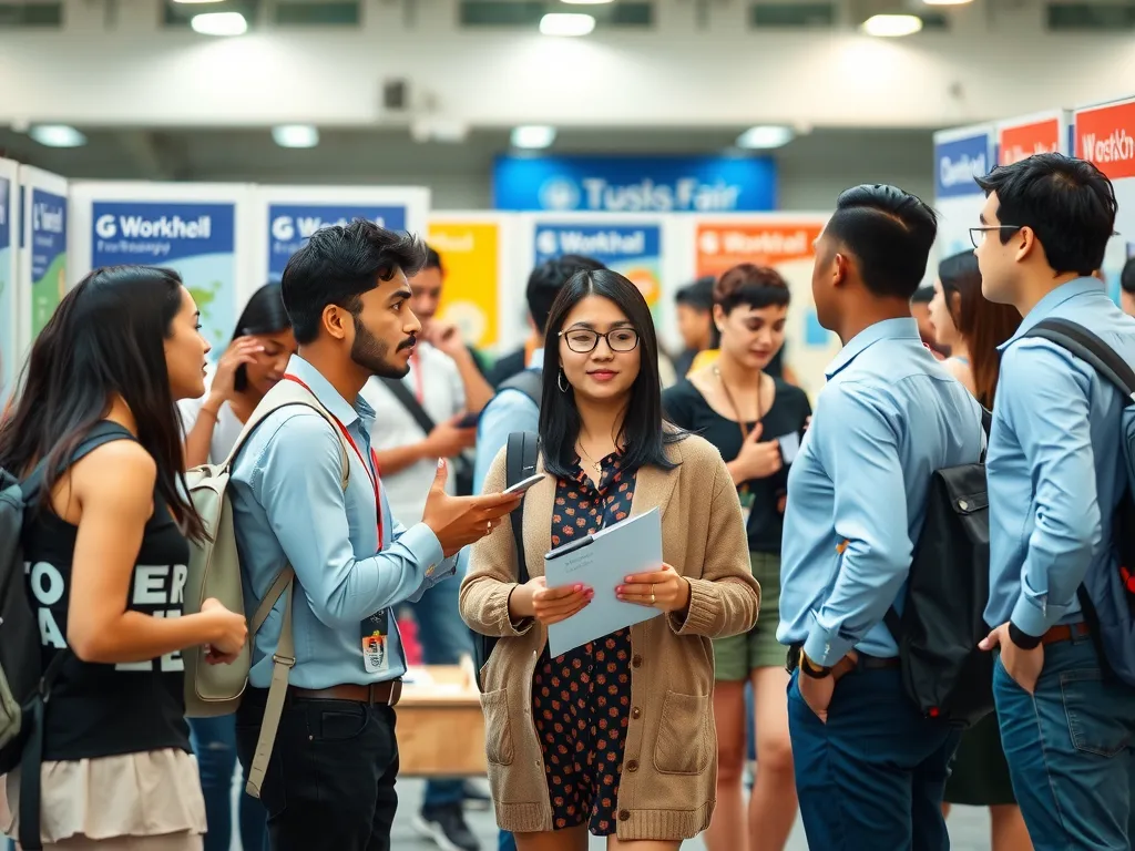 International students interacting with employers in a fair work environment, photorealistic, diverse group