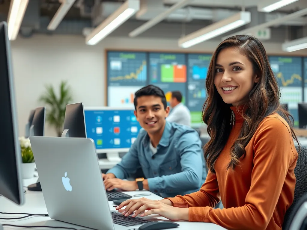 Professional image of international students working in a high-tech company, modern office, advanced technology like computers and data screens, professional and engaging environment
