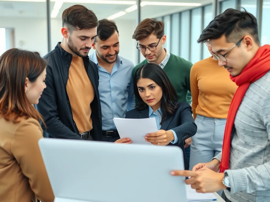 Image of a multinational business team collaborating on a project, diverse individuals, modern office environment, representing international companies in Turkey