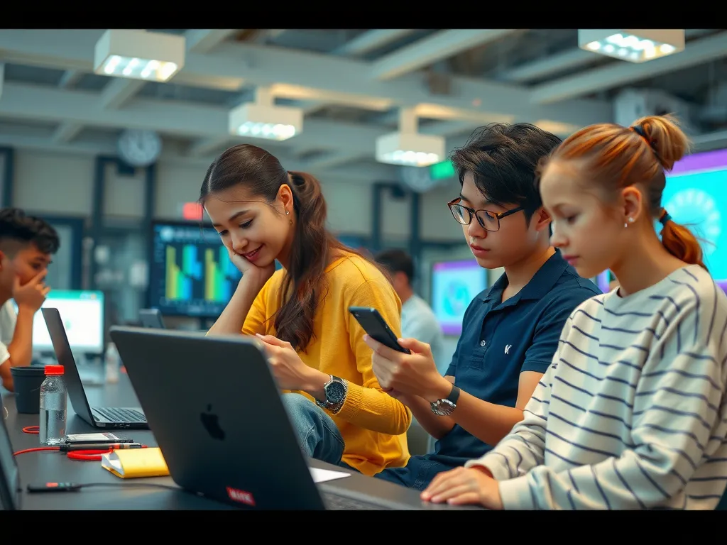 Opportunities in technology and education sectors, students working on tech projects and educational tasks, high-quality imagery