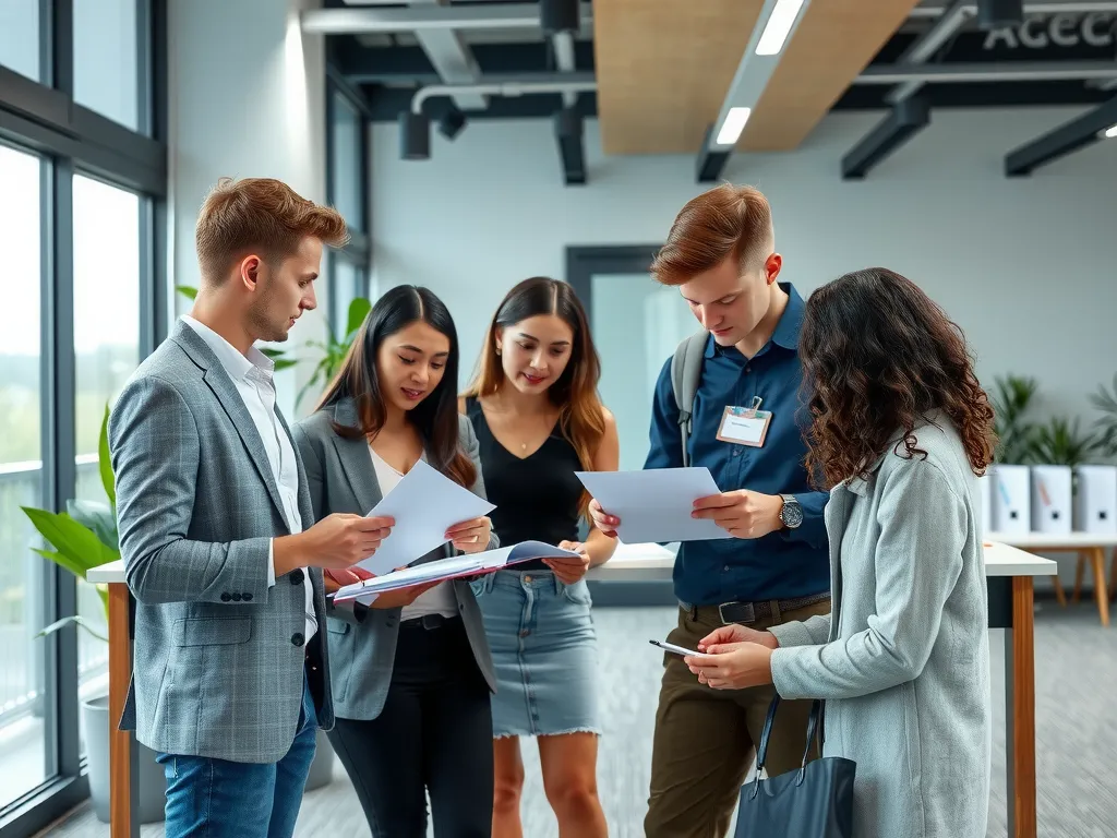 Students and career advisors in a modern office, discussing employment contracts, high-quality, professional setting