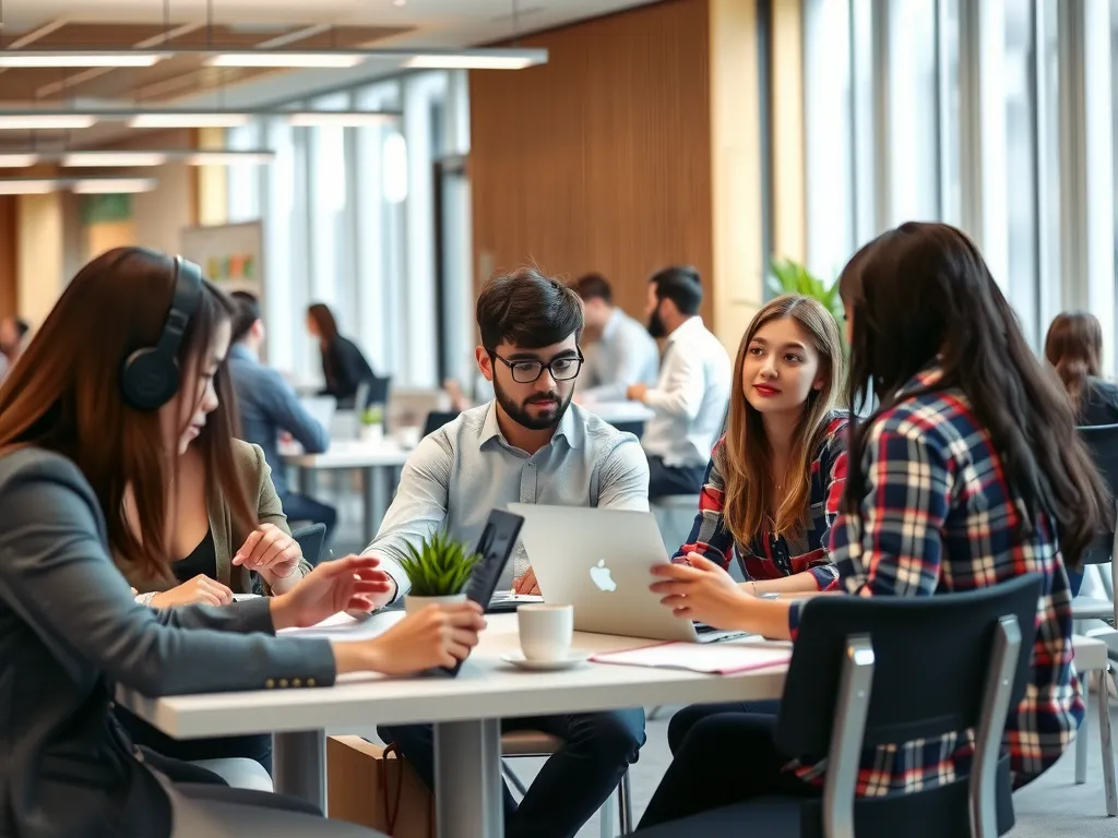 Modern workplace with international students in a professional setting, discussing in groups, high-quality, bright lighting