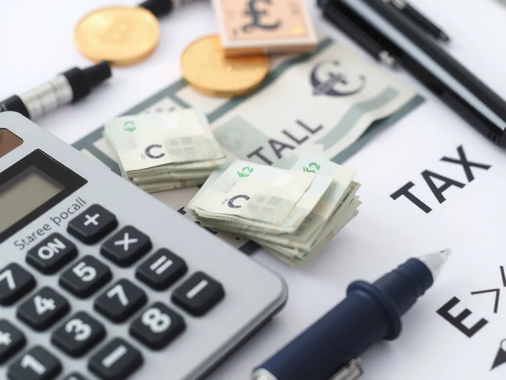 Close-up image of currency symbols and calculator on a desk, signifying financial planning and taxation, high-quality and professional Close-up image of currency symbols and calculator on a desk, signifying financial planning and taxation, high-quality and professional