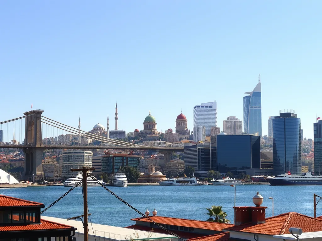High-quality image of Istanbul skyline representing the dynamic business environment, photorealistic, clear sky, iconic Bosphorus Bridge, modern office buildings, vibrant city life