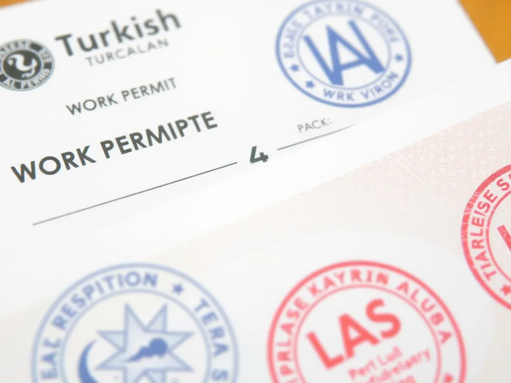 Detailed image of a Turkish work permit and residency documents, professional and clear, focus on official seals and stamps