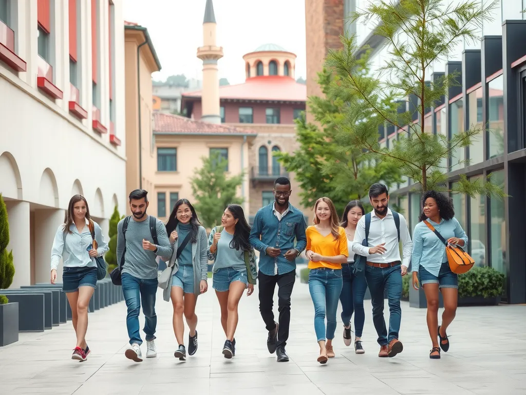 A diverse group of international students walking together on a modern university campus in Turkey, with vibrant cultural architecture in the background, photorealistic, natural lighting, multicultural environment, positive atmosphere
