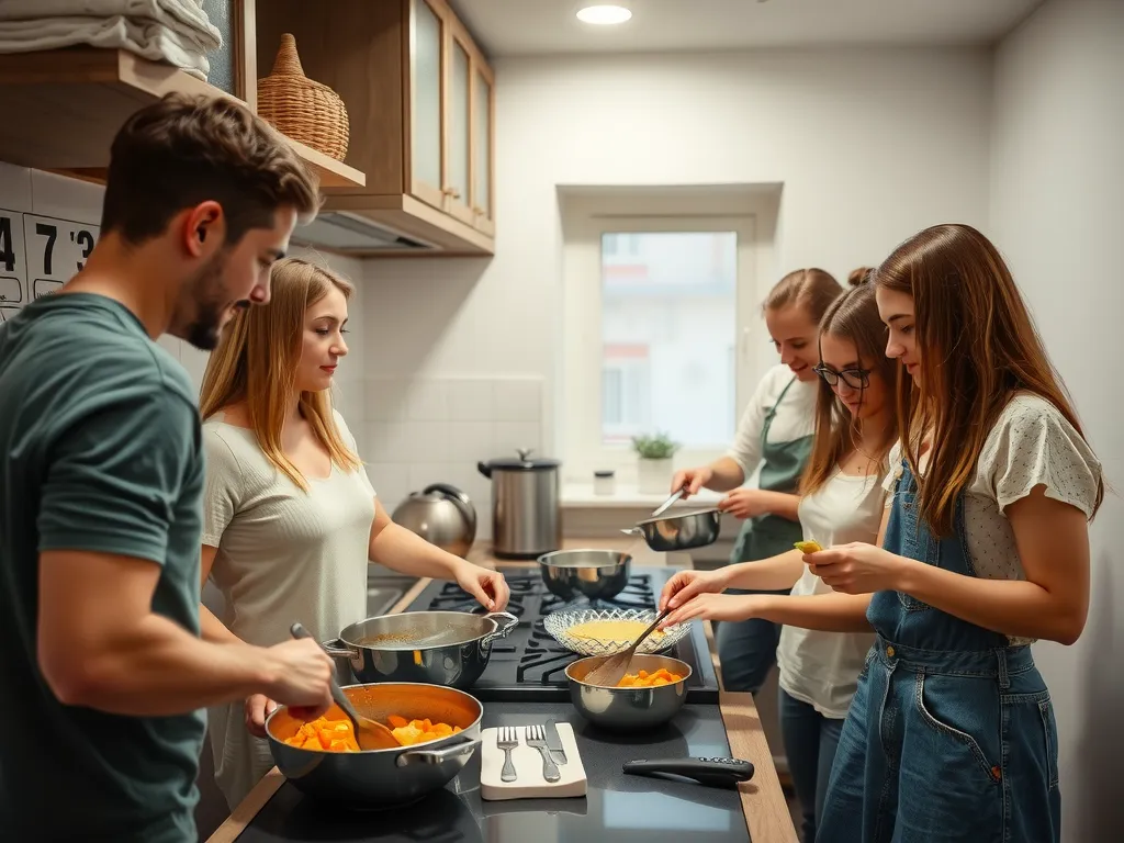 International students cooking together in a shared kitchen in a Turkish dormitory, relaxed and social atmosphere, multicultural diversity