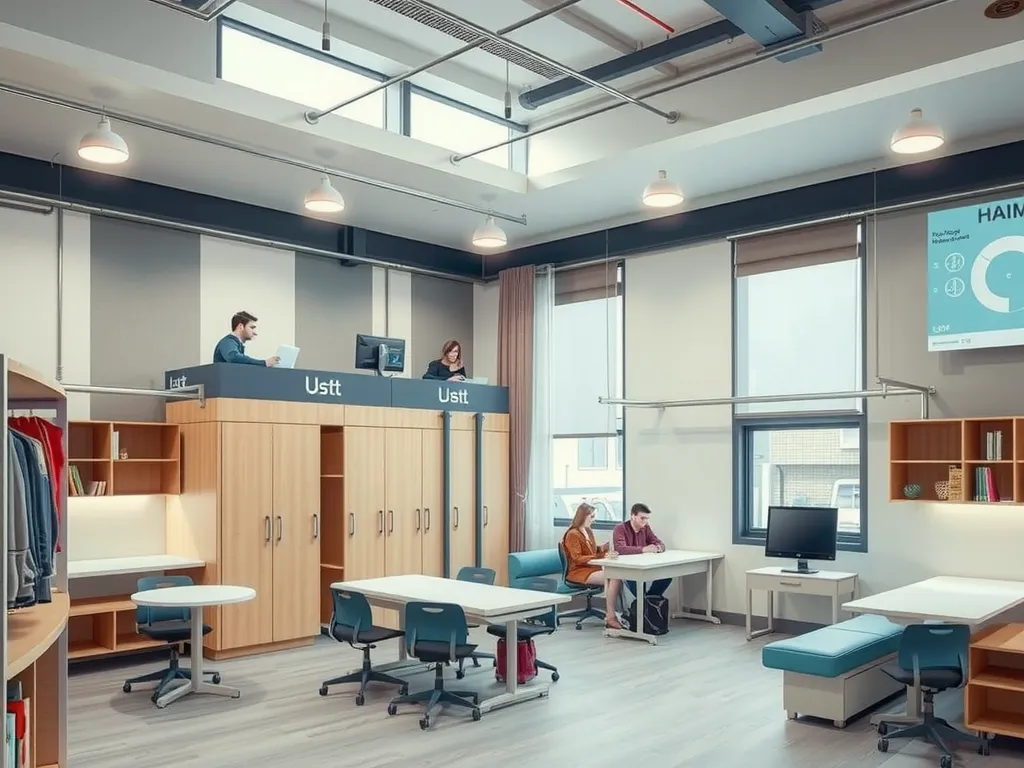 Modern student dormitory with study spaces and social areas, showcasing communal living facilities, detailed and comfortable setting