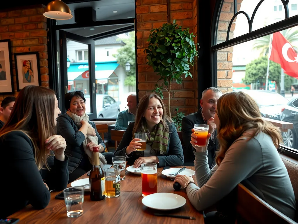 Students interacting with friendly Turkish locals in a cozy cafe, sharing drinks and engaging in lively conversation, warm lighting, cultural exchange