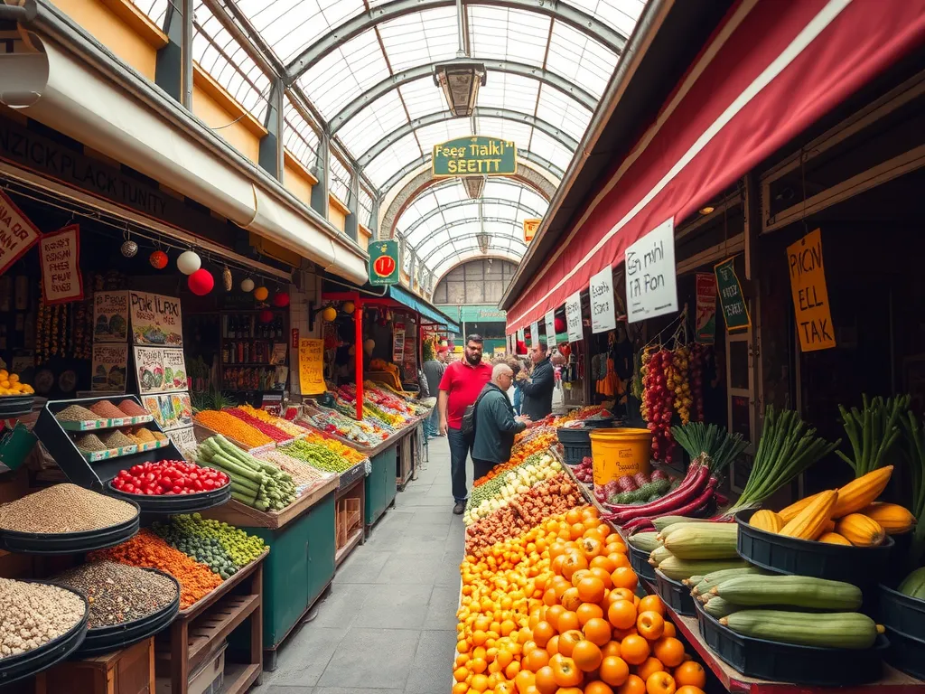  Turkish traditional markets with vibrant stalls selling fresh fruits, vegetables, and local spices, bustling atmosphere, colorful display, detailed texture