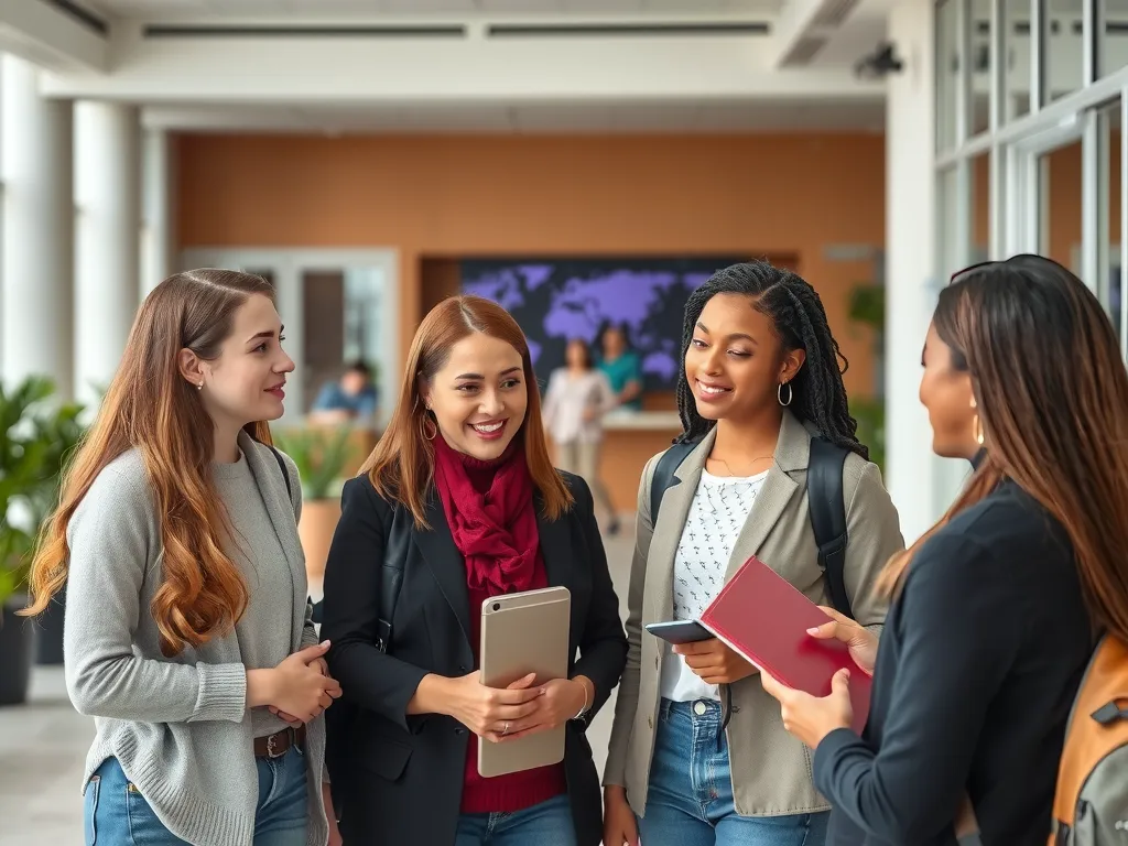 University support center with counselors meeting international students, professional setting, supportive atmosphere, inclusive environment