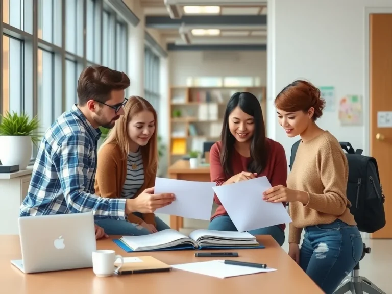 A diverse group of international students discussing and preparing documents in a modern university office, photorealistic, high quality, natural lighting, educational setting