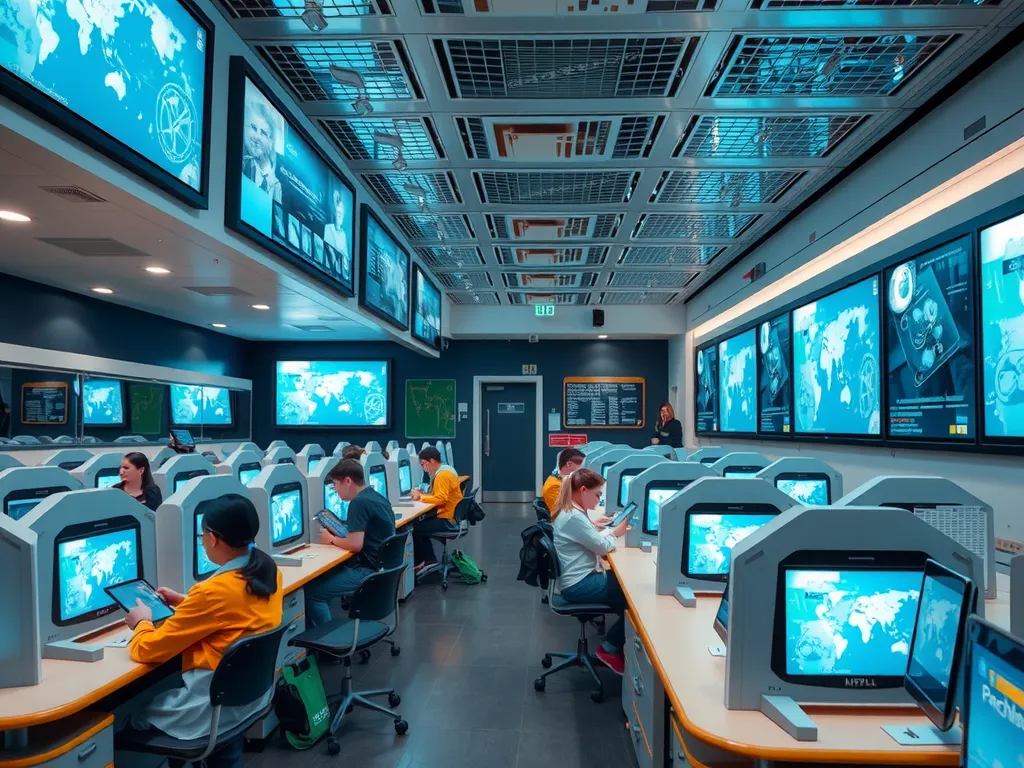 High-tech modern school with digital classrooms, students using tablets and interactive screens, detailed, futuristic, included after paragraph