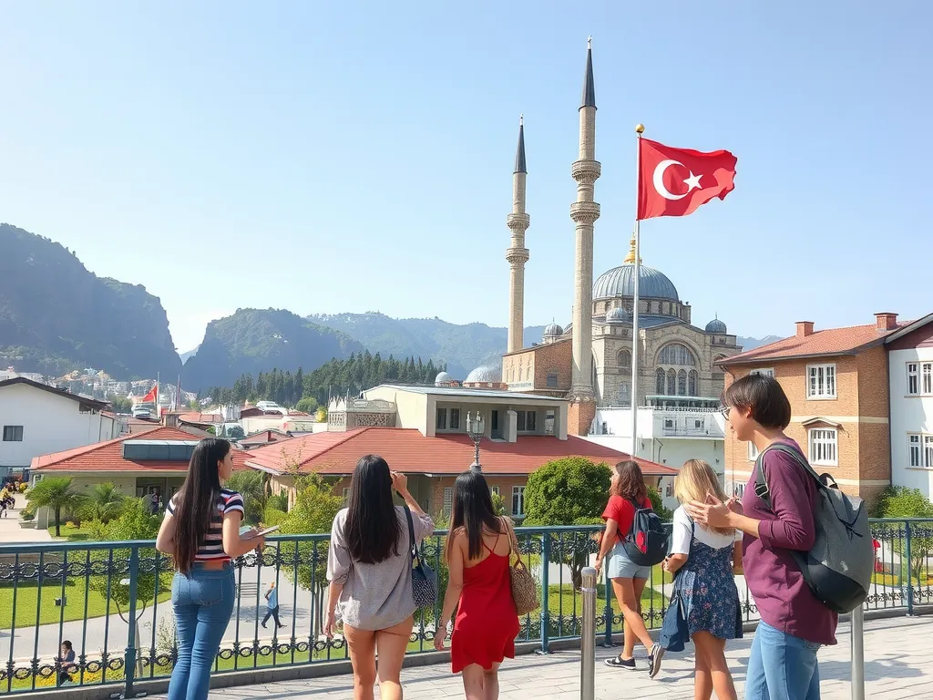 International students studying in a diverse and vibrant Turkish university campus, picturesque and competitive living costs, high quality, included after paragraph