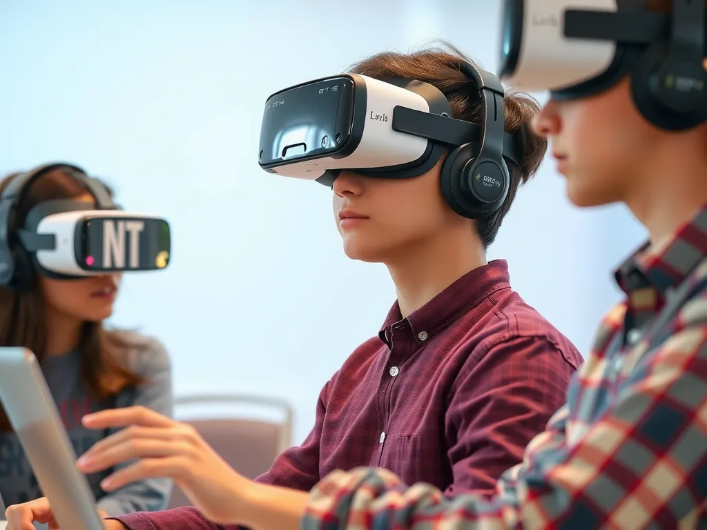 Students using virtual reality headsets for learning, immersive technology in education, high quality, photorealistic, included after paragraph