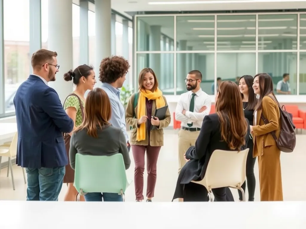University collaboration scene with diverse international students and professors discussing, academic partnerships, professional setting, included after paragraph