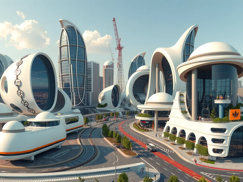 A futuristic city representing economic diversification beyond oil, with modern infrastructure, clean energy technologies, and business activity, photorealistic, high quality, daylight setting